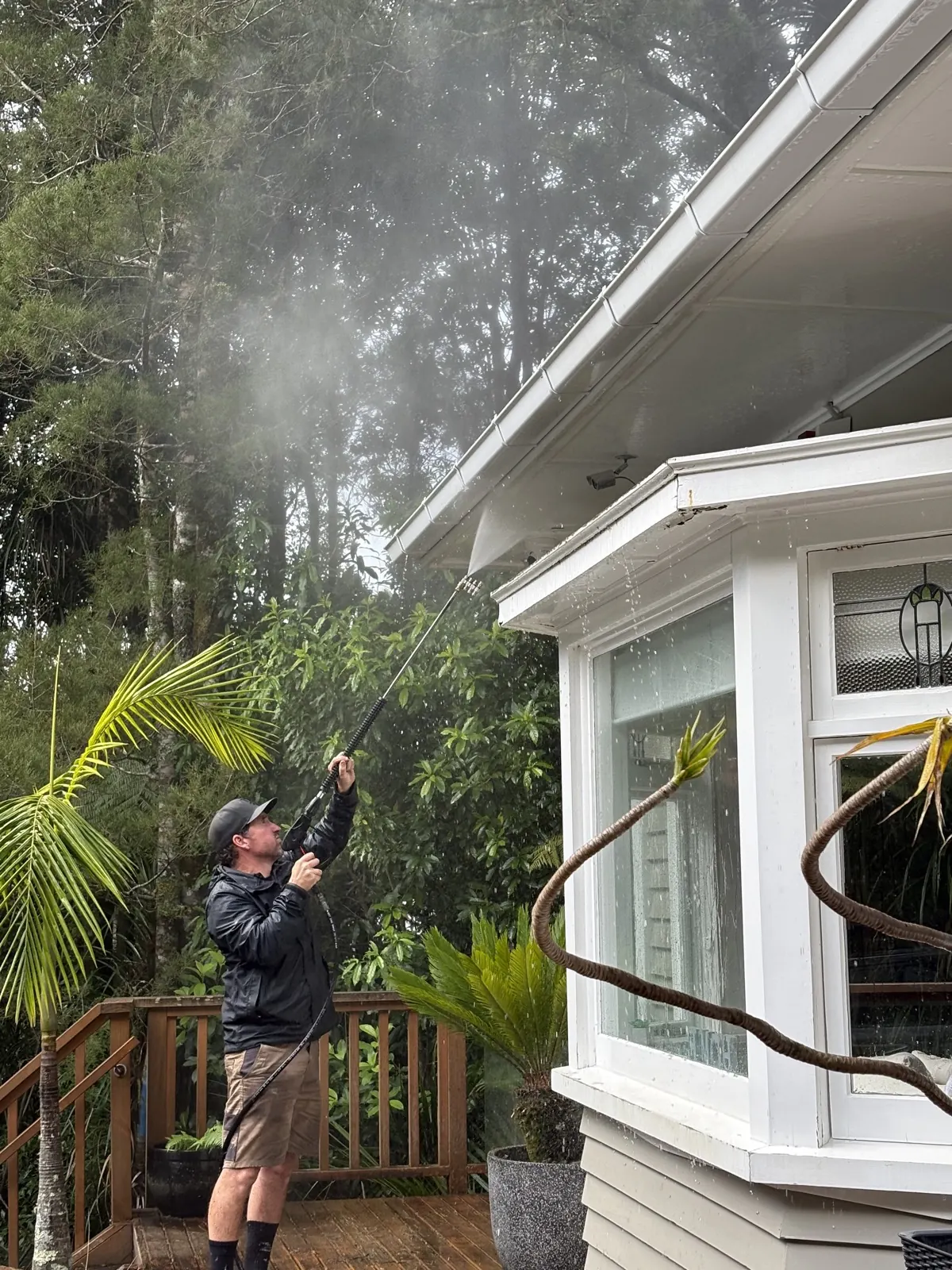 Low-pressure spray lifting mould from the eaves of a white weatherboard house